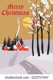 Merry Christmas. Winter village rural winter snow landscape, retro