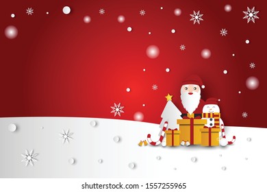 Merry Christmas Winter white snow and Santa Claus with snowman and gift box. illustration of an abstract background paper art style.