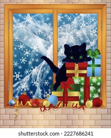 Merry Christmas winter window with xmas ball and cat , vector illustration