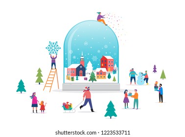 Merry Christmas, Winter Wonderland Scene In A Snow Globe With Small People, Young Men And Women, Families Having Fun In Snow, Skiing, Snowboarding, Sledding, Ice Skating, Concept Vector Illustration