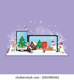 Merry Christmas, Winter wonderland scene in snow world with people and little penguins, young woman, having fun in the snow, skiing, snowboarding, penguin sledding, ice skating, vector illustration