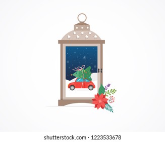Merry Christmas, Winter wonderland scenes in a snow globe, concept vector illustration