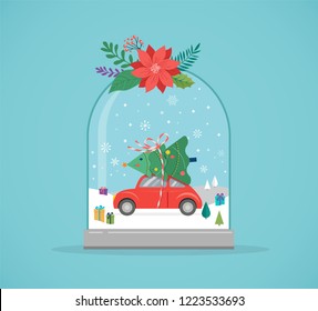 Merry Christmas, Winter Wonderland Scenes In A Snow Globe, Concept Vector Illustration