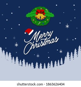 Merry christmas wish banner with snowy trees and ornaments