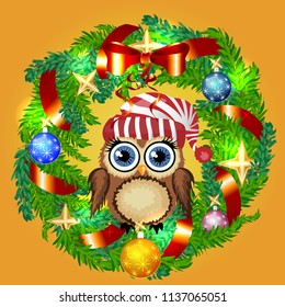 Merry Christmas wish greeting card design of owl in Santa hat on holly wreath garland. Christmas tree for New Year holidays season celebration