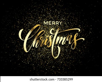 Feliz Natal desejo cartão de confete de glitter dourado ou fogos de artifício espumantes em fundo preto de luxo premium. Projeto de lettering de caligrafia dourada vetorial para Ano Novo ou feriado de Natal