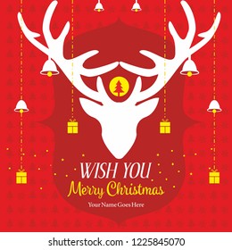 Merry Christmas wish greeting template. Reindeer design idea with bells and gifts