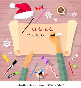 Merry Christmas Wish List To Santa Clause Child Hand Writing Pen On Paper Desk Flat Vector Illustration