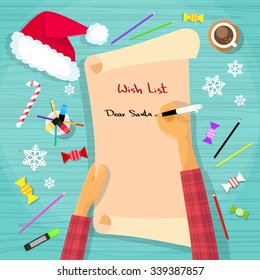 Merry Christmas Wish List To Santa Clause Child Hand Writing Pen on Paper Desk Flat Vector Illustration