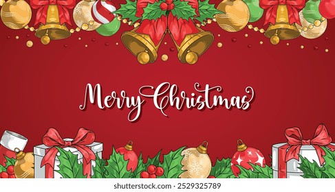 Merry Christmas wish poster colorful with Christmas elements for pre-holiday decoration of shop windows or business office vector illustration