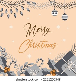 Merry Christmas wish with presents and ornaments