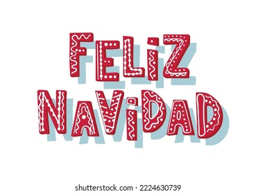 Merry Christmas wish in Spanish, red letters with gingerbread decor. Vector text for new year design isolated on white background.