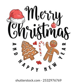 Merry Christmas wish sticker colorful gingerbread and candy cane near holly berries for design gift mugs and t-shirts vector illustration