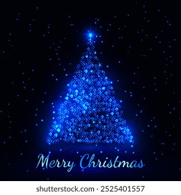 Merry Christmas wishes with blue shiny glowing sparkling Christmas tree. Template for greeting card, festive Christmas design. Vector illustration.
