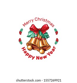 Merry Christmas wishes cartoon vector greeting card template. Gift box, candy sticks and golden bells with mistletoe twig illustration. Xmas banner concept. December holidays poster design element