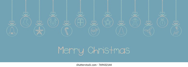 Merry Christmas - wishes with different hand drawn baubles. Vector.
