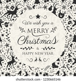 Merry Christmas - wishes with festive decorations and reindeers. Vector.