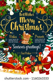 Merry Christmas wishes festive poster with winter holidays gift. Santa, snowman and sleigh with Xmas tree, present and holly berry greeting card, framed by New Year garland of fir branch, bell and bow