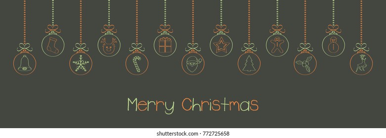 Merry Christmas - wishes on background with hanging baubles. Vector.