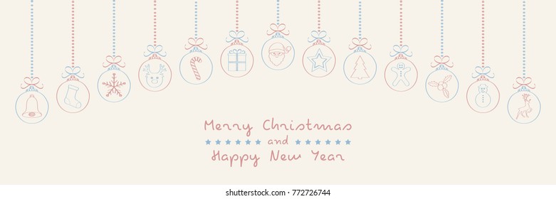 Merry Christmas - wishes on background with hanging baubles. Vector.