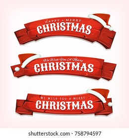 Merry Christmas Wishes On Red Wood Banners/
Illustration of a set of cartoon red wood banners, with merry christmas wishes ans santa claus hat