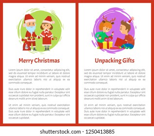 Merry Christmas wishes, Santa Claus and Snow Maiden, children unpacking gifts vector with text sample. Christmas holidays, packages boxes with presents
