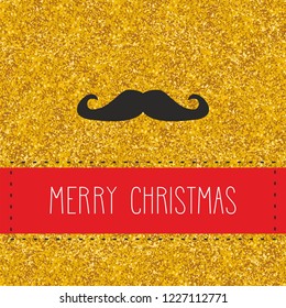 Merry Christmas wishes vector card with hipster mustache on golden background