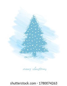 Merry Christmas. Christmas Wishes Vector Card. Blue Sketched Christmas Tree on a Pastel Blue Watercolor Style Background. Christmas Illustration. Tree Made of Scribbles.