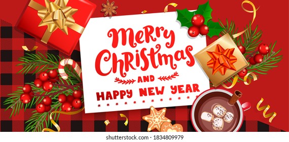 Merry christmas wishing card for new 2021 season.Happy new year greeting banner with christmas gifts, holiday elements on checkered pattern with black-red stripes and squares.Vector Illustration.