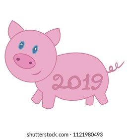 Merry Christmas wishing, greeting card, Christmas sticker. Cute hand drawn pig with scarf. New Year banner label print postr with text Ho Ho Ho Ho snpwflakes Vector illustration.