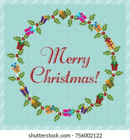 Merry Christmas  wishing, greeting card , Christmas sticker. Wreath with gifts and mistletoe. Vector illustration.