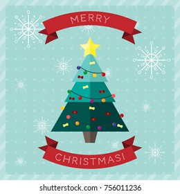 Merry Christmas wishing, greeting card , Christmas sticker. Decorated 
 Christmas tree with with Christmas lights with  bows. Vector illustration. - Shutterstock ID 756011236