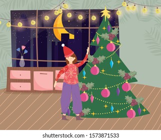 merry christmas woman with ugly sweater in the living room a tree and moon window at night celebration vector illustration.