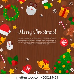 Merry Christmas with Wood Background. Vector Illustration. Flat Christmas Icons with Square Frame. Happy New Year Concept. Candy Cane, Christmas Tree, Candle, Gingerbread Man. Place for Your Text