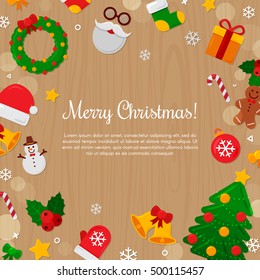 Merry Christmas with Wood Background. Vector Illustration. Flat Christmas Icons with Square Frame. Happy New Year Concept. Candy Cane, Christmas Tree, Candle, Gingerbread Man. Place for Your Text