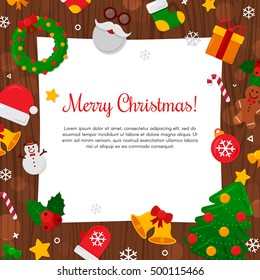 Merry Christmas with Wood Background. Vector Illustration. Flat Christmas Icons with Square Frame. Happy New Year Concept. Candy Cane, Christmas Tree, Candle, Gingerbread Man. Place for Your Text