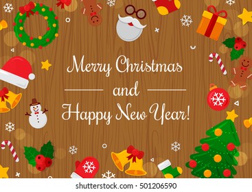 Merry Christmas with Wood Background. Vector Illustration. Flat Christmas Icons with Square Frame. Happy New Year Concept. Candy Cane, Christmas Tree, Candle, Gingerbread Man. Place for Your Text