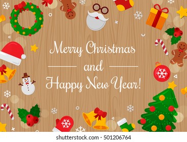 Merry Christmas with Wood Background. Vector Illustration. Flat Christmas Icons with Square Frame. Happy New Year Concept. Candy Cane, Christmas Tree, Candle, Gingerbread Man. Place for Your Text