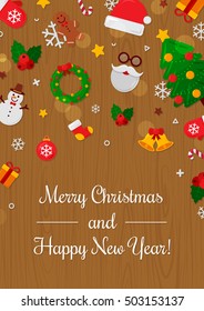 Merry Christmas with Wood Background. Vector Illustration. Flat Christmas. Happy New Year Concept. Candy Cane, Christmas Tree, Candle, Gingerbread Man. Place for Your Text