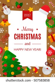 Merry Christmas with Wood Background. Vector Illustration. Flat Christmas Icons with Square Frame. Happy New Year Concept. Candy Cane, Christmas Tree, Candle, Gingerbread Man. Place for Your Text