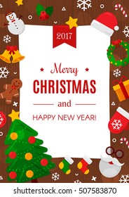 Merry Christmas with Wood Background. Vector Illustration. Flat Christmas Icons with Square Frame. Happy New Year Concept. Candy Cane, Christmas Tree, Candle, Gingerbread Man. Place for Your Text