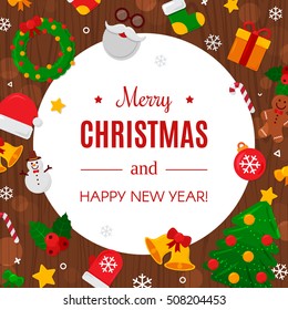 Merry Christmas with Wood Background. Vector Illustration. Flat Christmas Icons with Round Frame. Happy New Year Concept. Candy Cane, Christmas Tree, Candle, Gingerbread Man. Place for Your Text