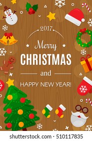 Merry Christmas with Wood Background. Vector Illustration. Flat Christmas Icons.  Happy New Year Concept. Candy Cane, Christmas Tree, Candle, Gingerbread Man. Place for Your Text