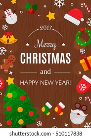 Merry Christmas with Wood Background. Vector Illustration. Flat Christmas Icons.  Happy New Year Concept. Candy Cane, Christmas Tree, Candle, Gingerbread Man. Place for Your Text
