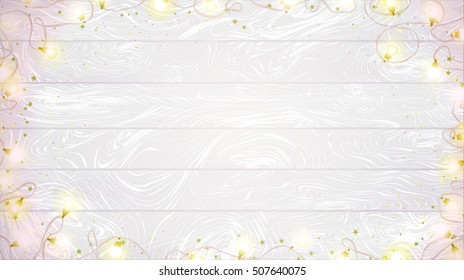 Merry Christmas wood banner, bright wooden texture with garland and stars, top view, hand drawn elements, flat design, vector illustration.