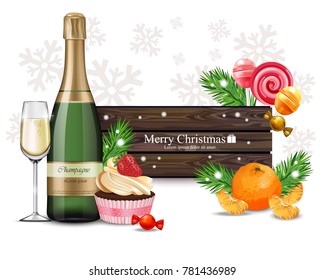 Merry Christmas wood banner with sweets and champagne Vector realistic