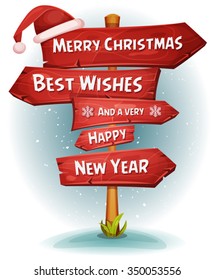 Merry Christmas Wood Road Signs Arrows/
Illustration Of A Cartoon Comic Merry Christmas And Happy New Year Message On Red Wooden Road And Transportation Arrows Signs, With Santa Claus Hat