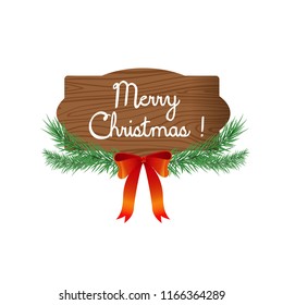 Merry Christmas Wooden board with fir branches and festive red bow. Vector greeting poster. 2019 new year

