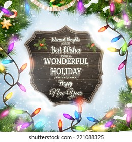 Merry Christmas wooden board with snow and Multicolored garland. EPS 10 vector file included