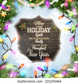 Merry Christmas wooden board with snow and Multi-coloured garland. EPS 10 vector file included